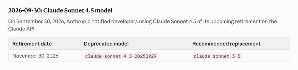 Claude 모델 종료 문서의 2026-09-30 Claude Sonnet 4.5 항목, 종료일과 권장 대체 모델 표