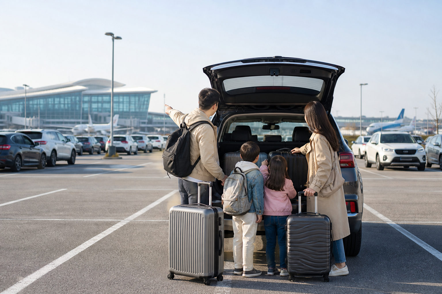 인천공항 장기주차장에서 여행 가방을 내리는 가족 여행객