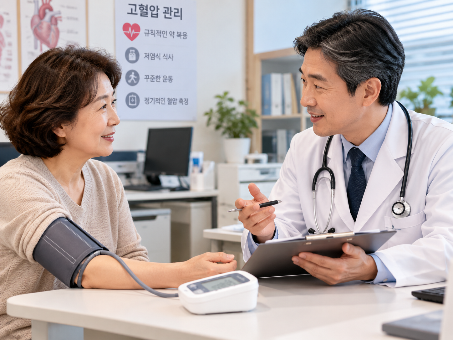 동네의원에서 혈압을 측정하며 의사와 상담하는 중년여성의 모습