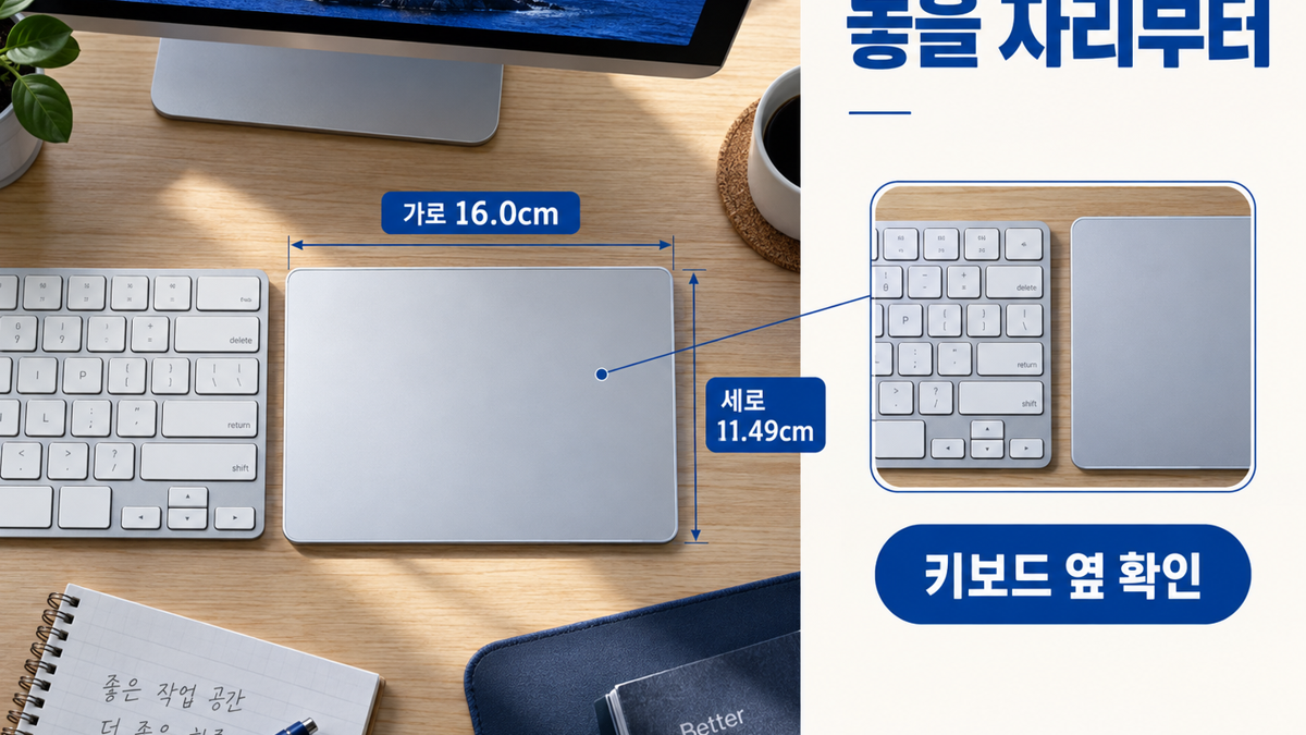 Magic Trackpad USB-C의 가로 16.0cm와 세로 11.49cm를 키보드 옆 배치와 함께 설명하는 이미지