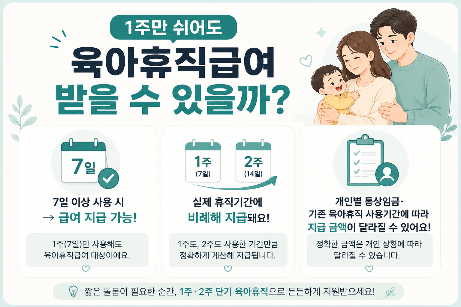2026 단기 육아휴직 8월 20일 시행｜1주&middot;2주 신청방법&middot;급여&middot;사용조건 총정리