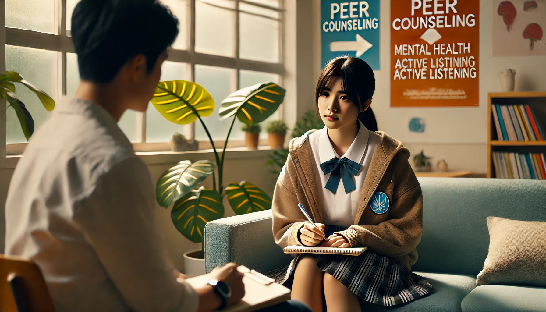 또래 상담 중 친구의 이야기를 경청하며 기록하는 고등학생의 모습