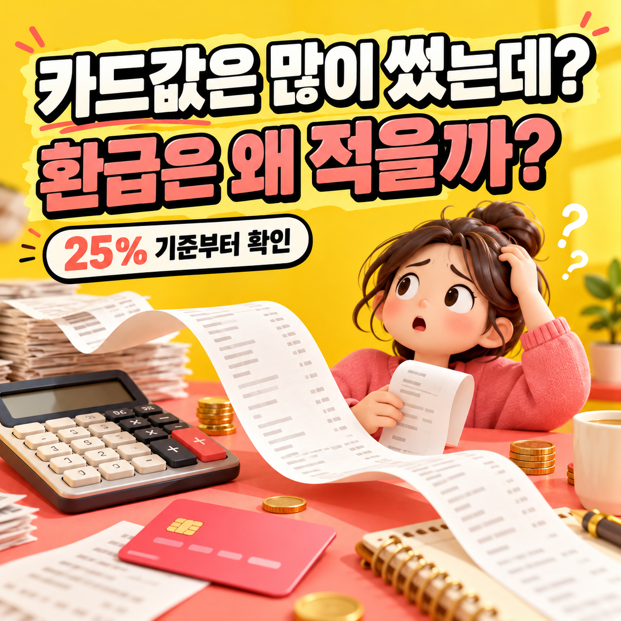 연말정산 카드 소득공제 25퍼센트 기준과 환급금 차이를 표현한 영수증과 계산기 일러스트