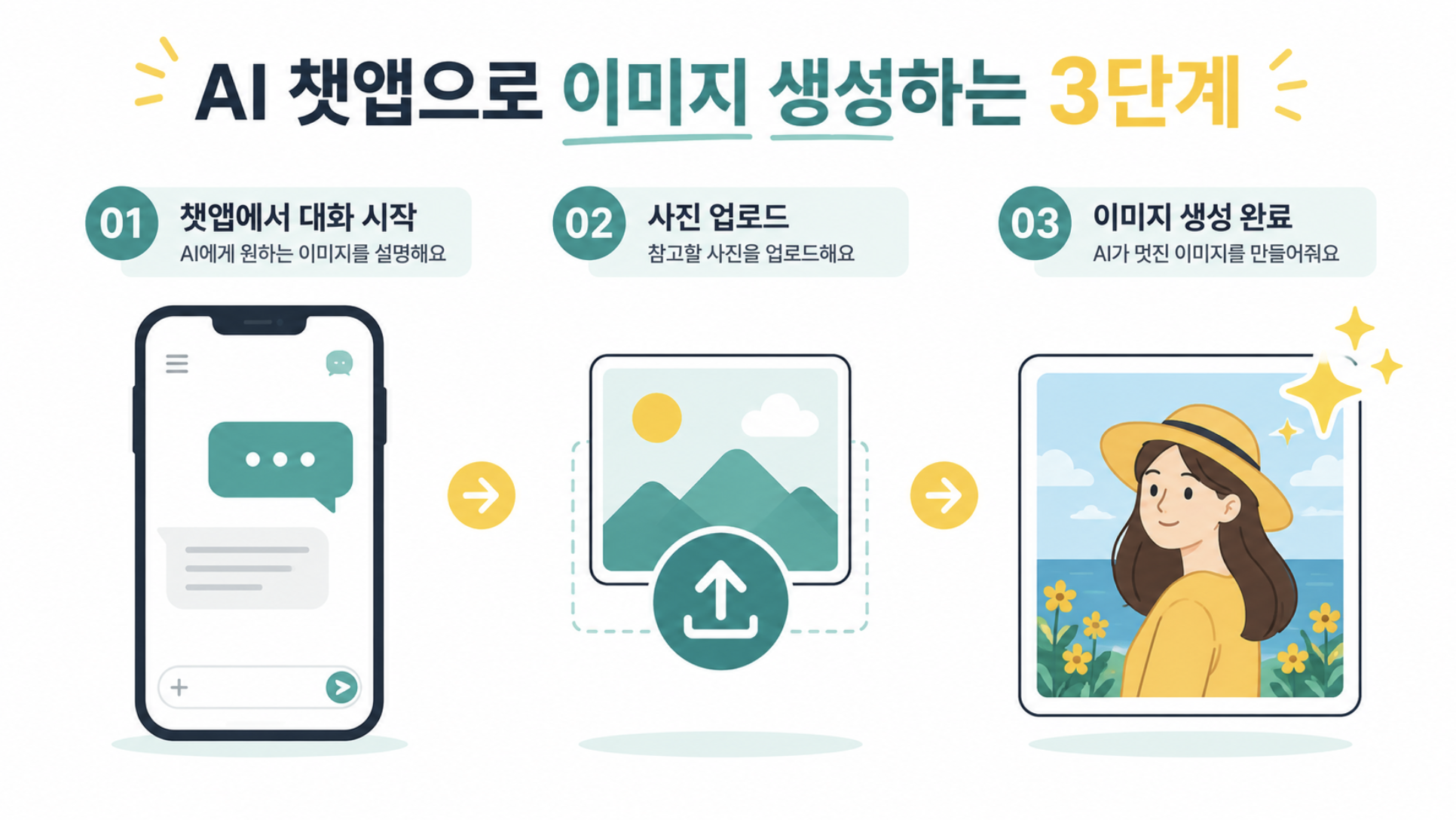 제미나이 앱에서 사진을 업로드하고 이미지를 생성하는 3단계 과정을 보여주는 이미지