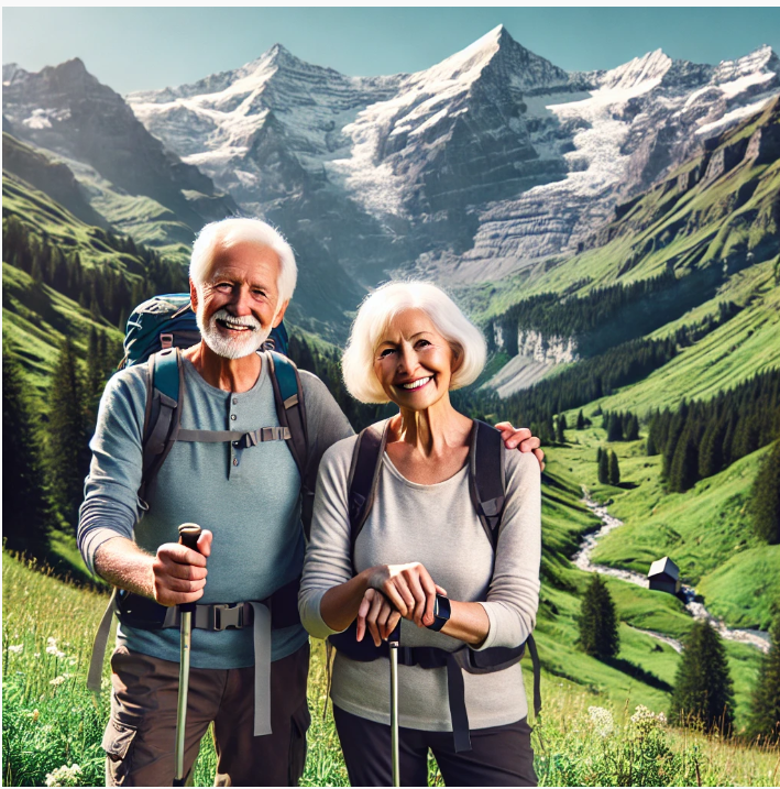 스위스에서 하이킹을 즐기는 은퇴한 부부