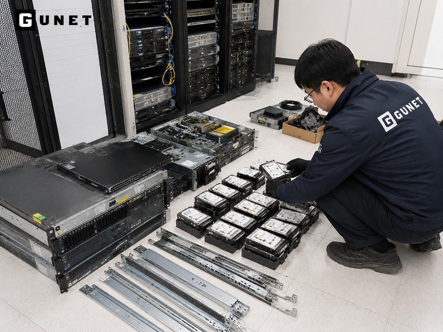 서울 강남 고객센터 이전 전 서버실에서 분리한 HDD 저장매체와 폐기 장비를 확인하는 데이터파기 현장