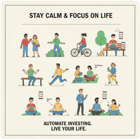 투자 계좌 알림을 끄고 시스템을 방치하며 일상에 집중하는 사람의 이미지