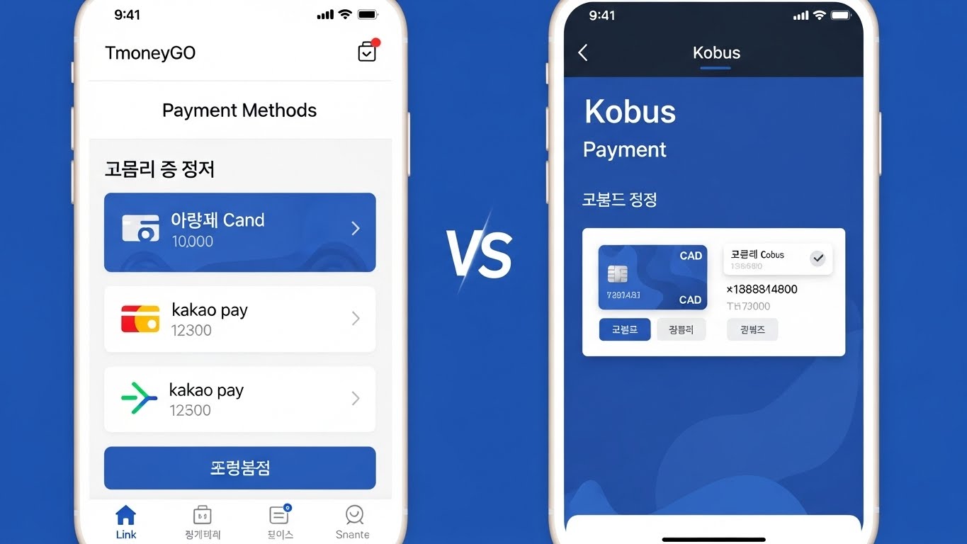 티머니GO와 코버스 앱의 결제 수단 등록 화면을 비교하는 이미지. 티머니GO는 간편 등록, 코버스는 수동 카드 입력 방식이 강조됨