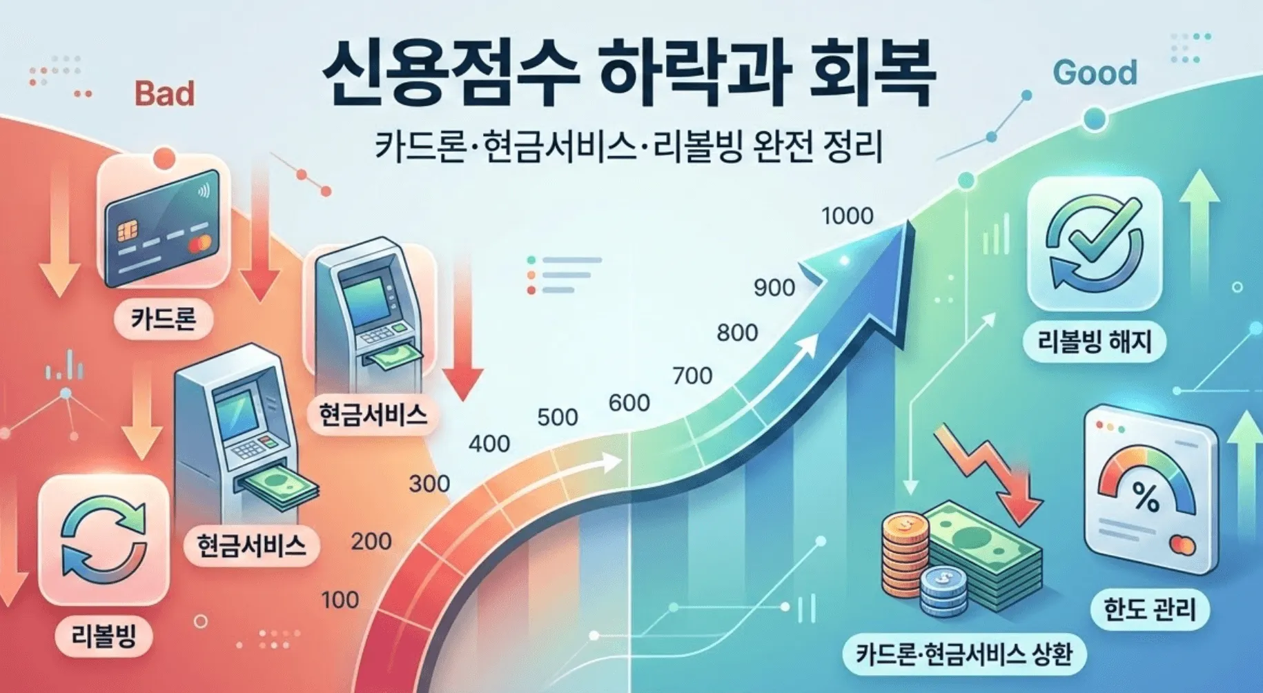 '신용점수 하락과 회복' 인포그래픽. 중앙 100~1000점 척도의 상승 그래프. 왼쪽 'Bad' 영역: 카드론, 현금서비스, 리볼빙 이용이 빨간색 하향 화살표와 함께 점수 하락 원인으로 표시됨. 오른쪽 'Good' 영역: 리볼빙 해지, 카드론·현금서비스 상환, 한도 관리가 초록색 상향 화살표와 함께 점수 회복 방법으로 표시됨. 카드론 등을 줄이고 상환하면 점수가 올라간다는 메시지.