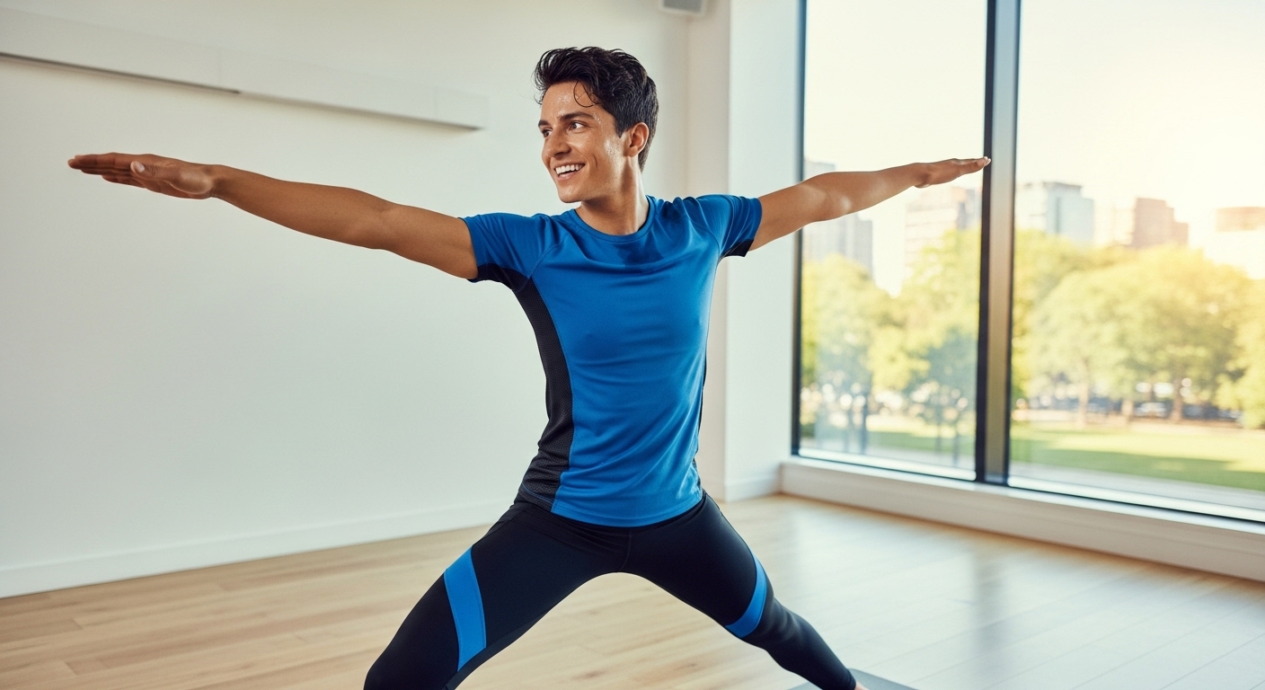 햇살이 비치는 공간에서 가볍게 스트레칭하며 활기차게 운동하는 사람의 모습. 건강한 움직임을 강조.