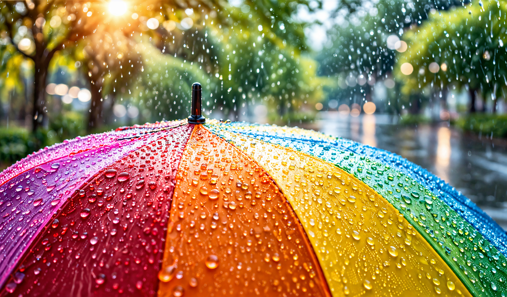 비 오는 날 색색의 우산 위로 떨어지는 빗방울 클로즈업 이미지