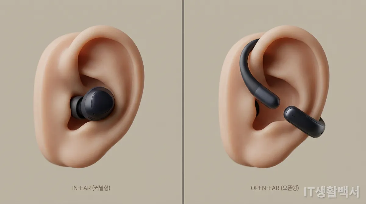 커널형과 오픈형 무선 이어폰의 착용감을 비교하는 이미지