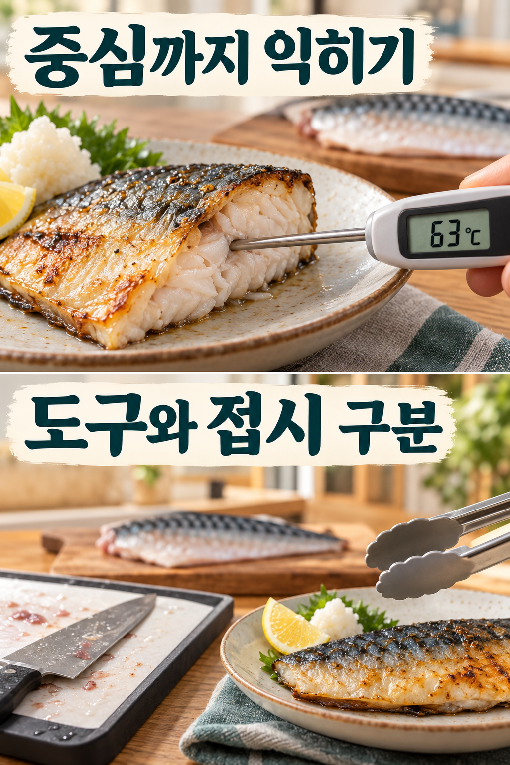 고등어의 두꺼운 살에 음식용 온도계를 넣고 조리 도구를 구분하는 장면.
