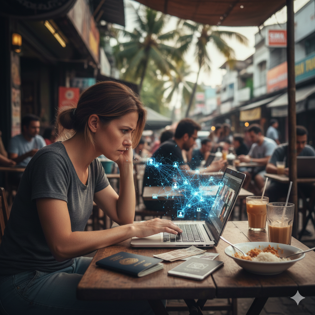 열대 카페 테라스에서 젊은 여성 프리랜서가 노트북 앞에 앉아 고민스러운 표정으로 화면을 바라보고 있다. 주변에 맥주, 커피, 현지 음식과 사람들, 연결된 네트워크 그래픽이 떠 있다.