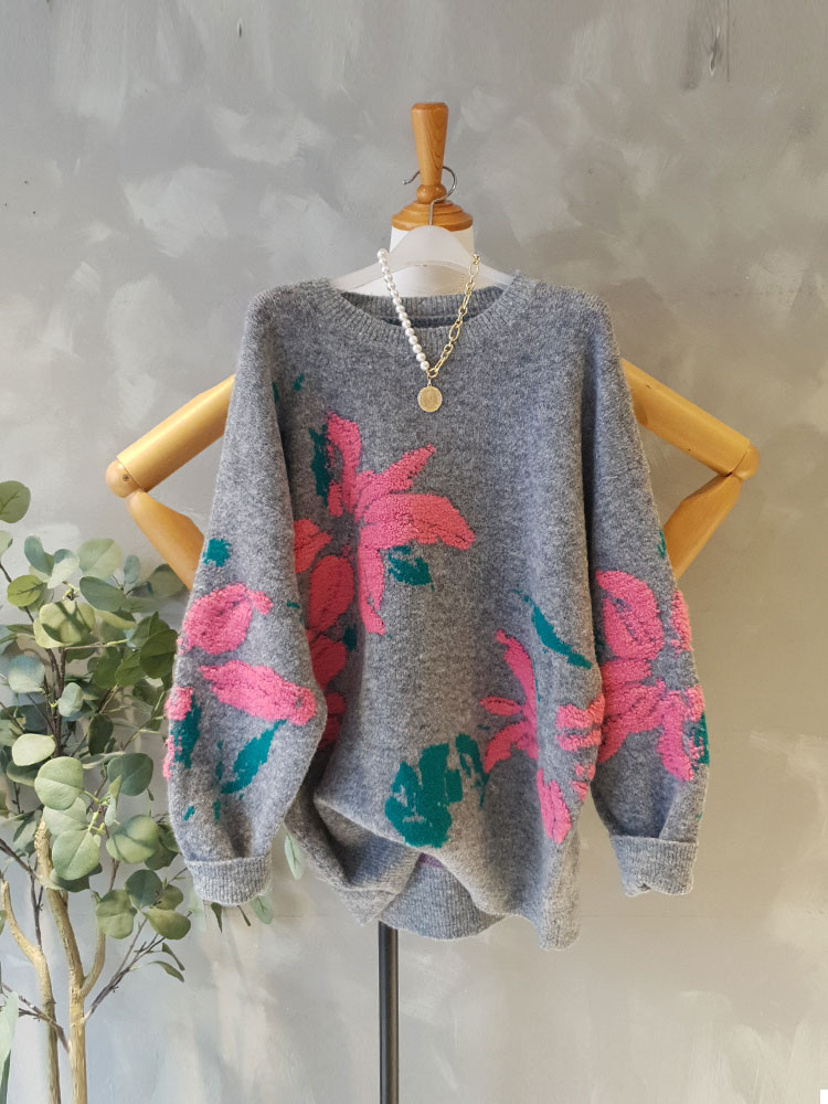 핑크부클꽃 루즈핏 울 라운드니트