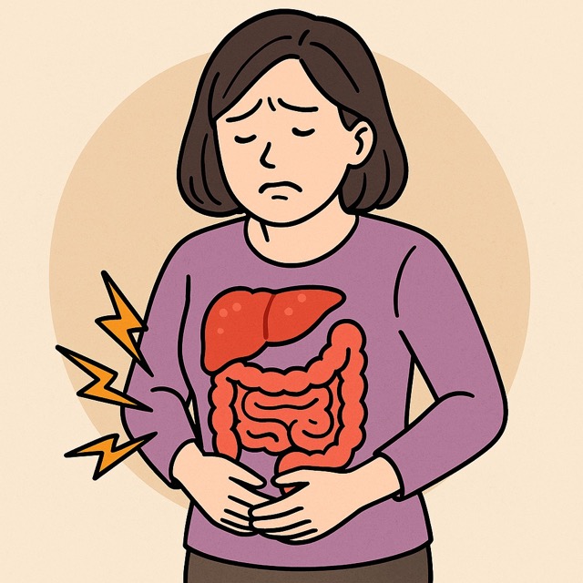 복부를 부여잡고 과민성대장증후군으로 고통스러워하는 중년 여성을 표현