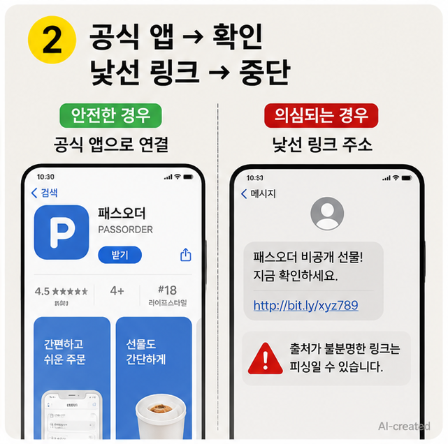 패스오더 선물 피싱 문제에서 정상 링크와 의심 링크를 비교하는 상황