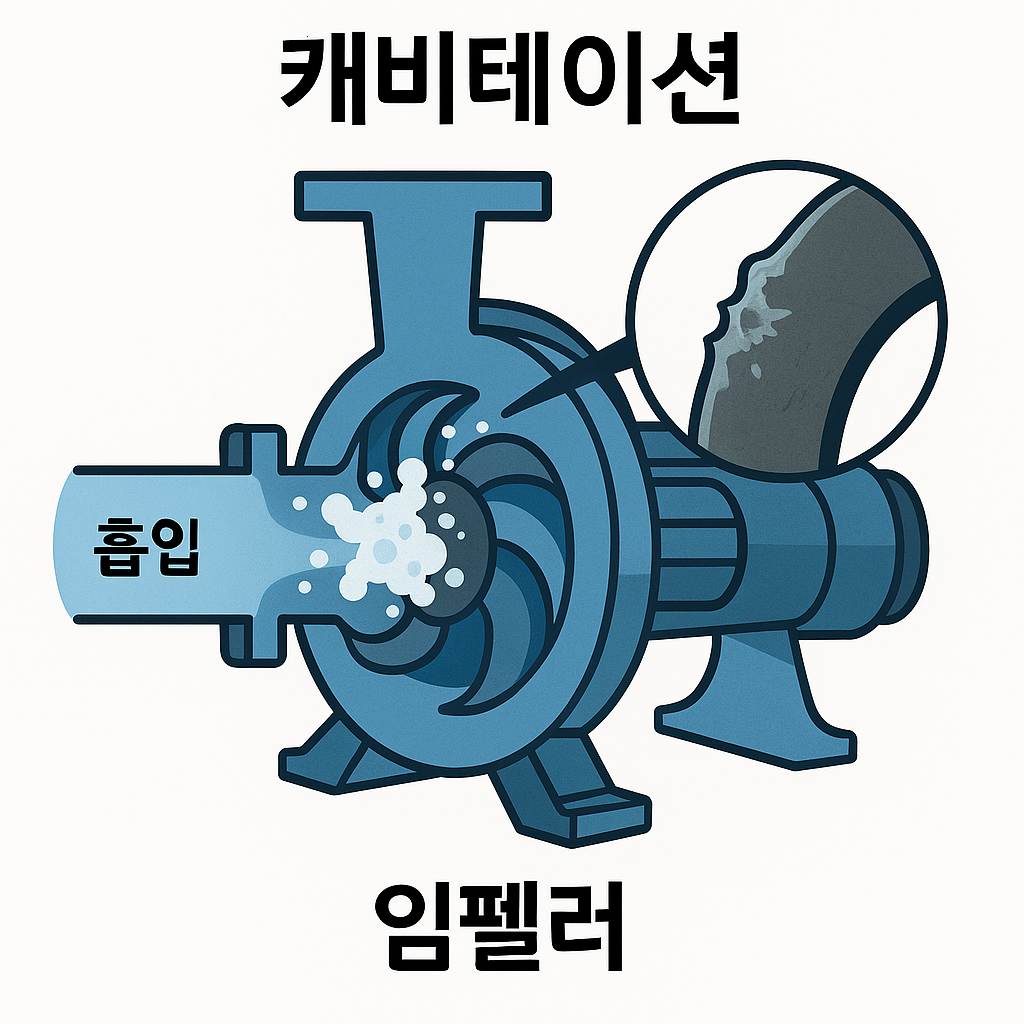 Cutaway digital illustration in Korean showing cavitation inside a centrifugal pump with bubble formation and impeller surface damage