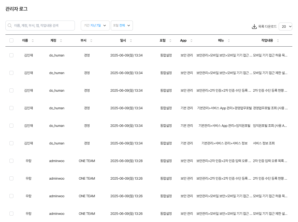 다우오피스 관리자 로그 화면으로 포털별 작업 이력, 설정 변경 내역, 보안 관리 작업 등을 확인하는 변경 이력 관리 대시보드