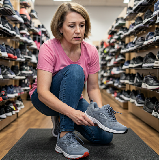 체력이 약한 여성 여행자가 신발을 고르는 모습