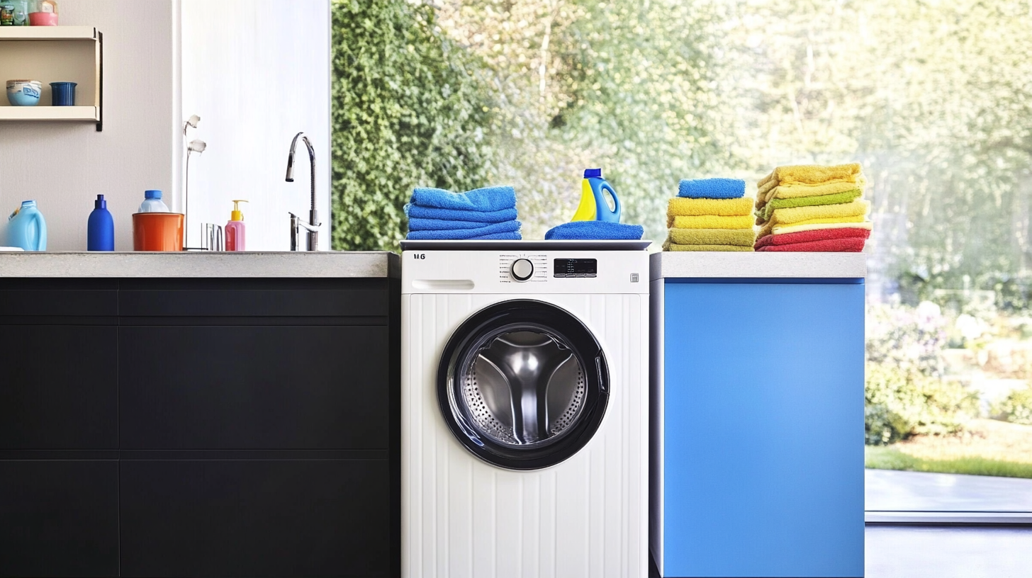 친환경적이고 고성능인 세탁 장면에서 작동 중인 삼성과 LG 세탁기, 지속 가능하고 첨단 기술을 보여줍니다.