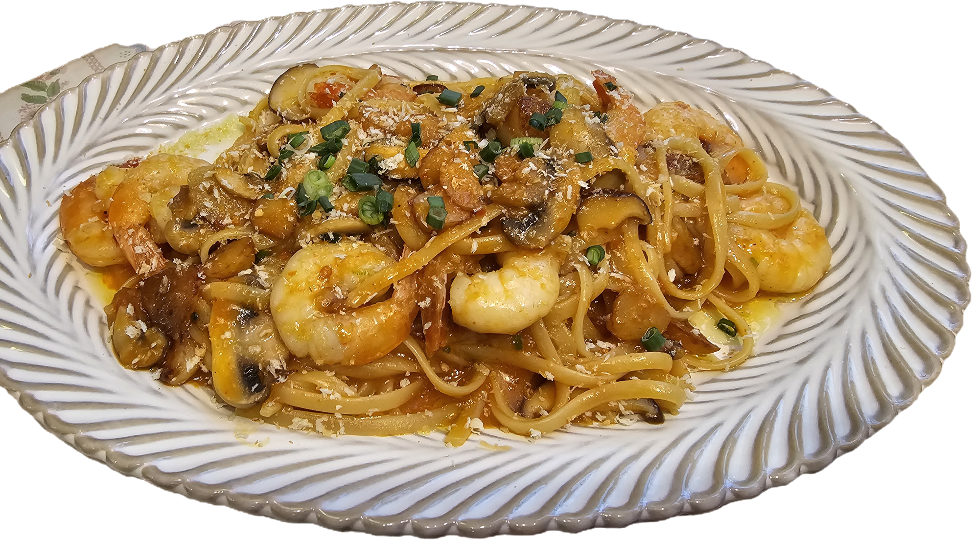 산본 포트럭 오로사 새우 오일 파스타 접시에 담긴 모습