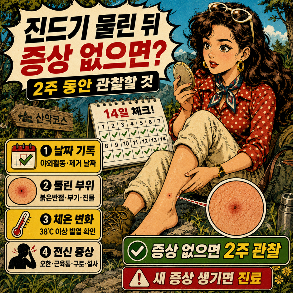 2. 진드기 물린 뒤 증상이 없을 때 날짜 기록, 물린 부위, 체온 변화, 전신 증상을 2주 동안 관찰하는 기준을 정리한 옛날 만화 스타일 이미지