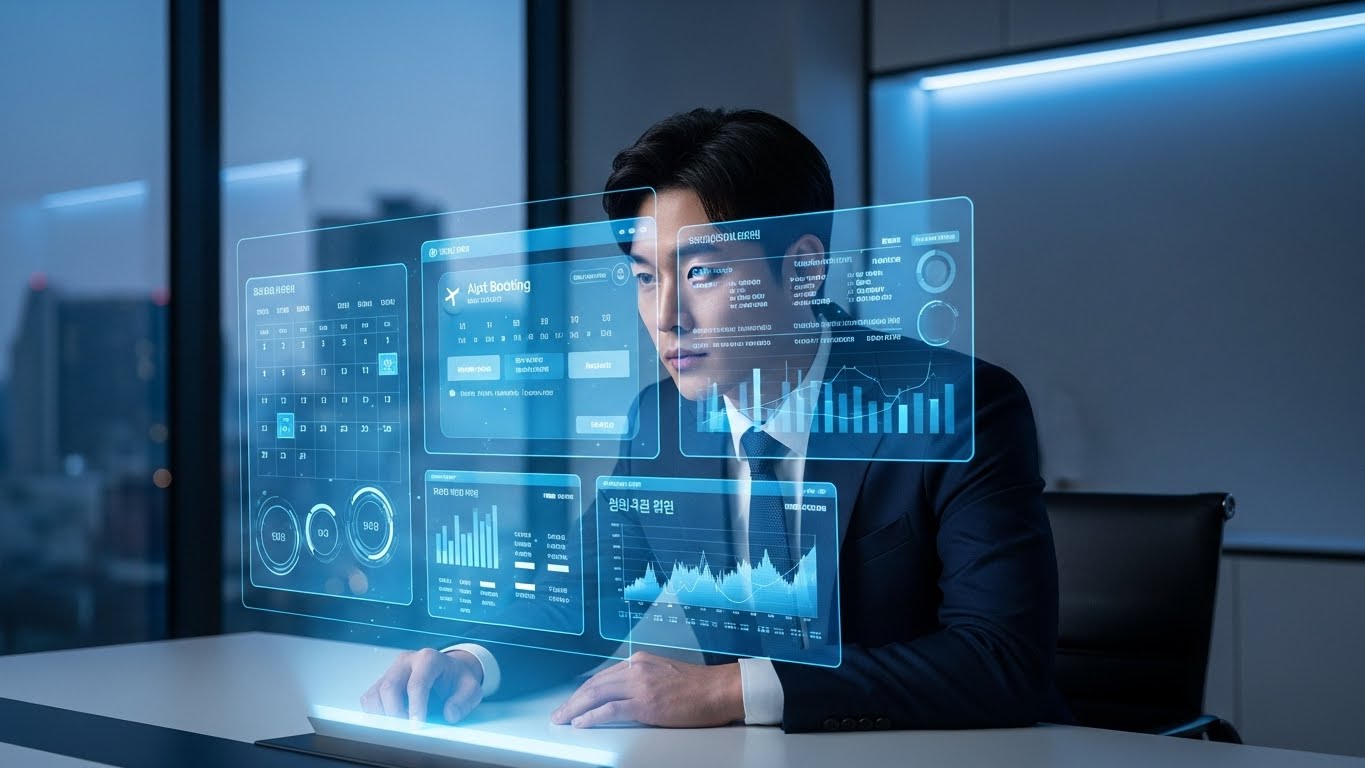 2026년 첨단 사무 공간에서 홀로그램 데이터 시스템을 통해 AI 에이전트와 실시간으로 협업하는 전문가의 모습