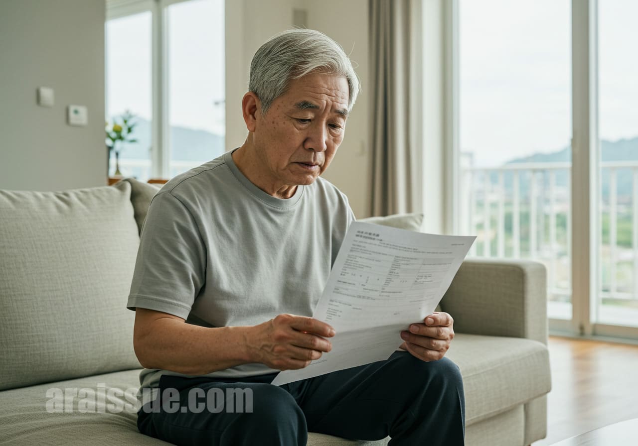 현대식 거실에서 고령 남성이 임플란트 정책 변화에 따른 지원 가능성을 검토하며 서류를 들고 고민하는 모습입니다.
표정은 신중하며, 탁자 위에는 여러 장의 문서가 펼쳐져 있습니다.