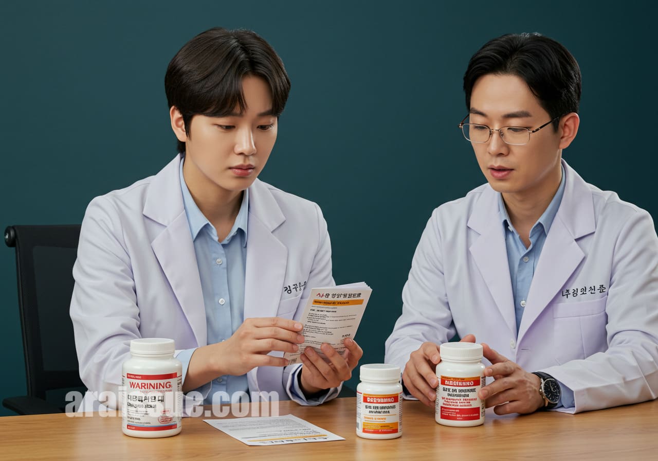 두 명의 의사가 다이어트 약을 비교하며 상담하는 장면, 테이블 위에 다이어트 약이 놓여 있음.