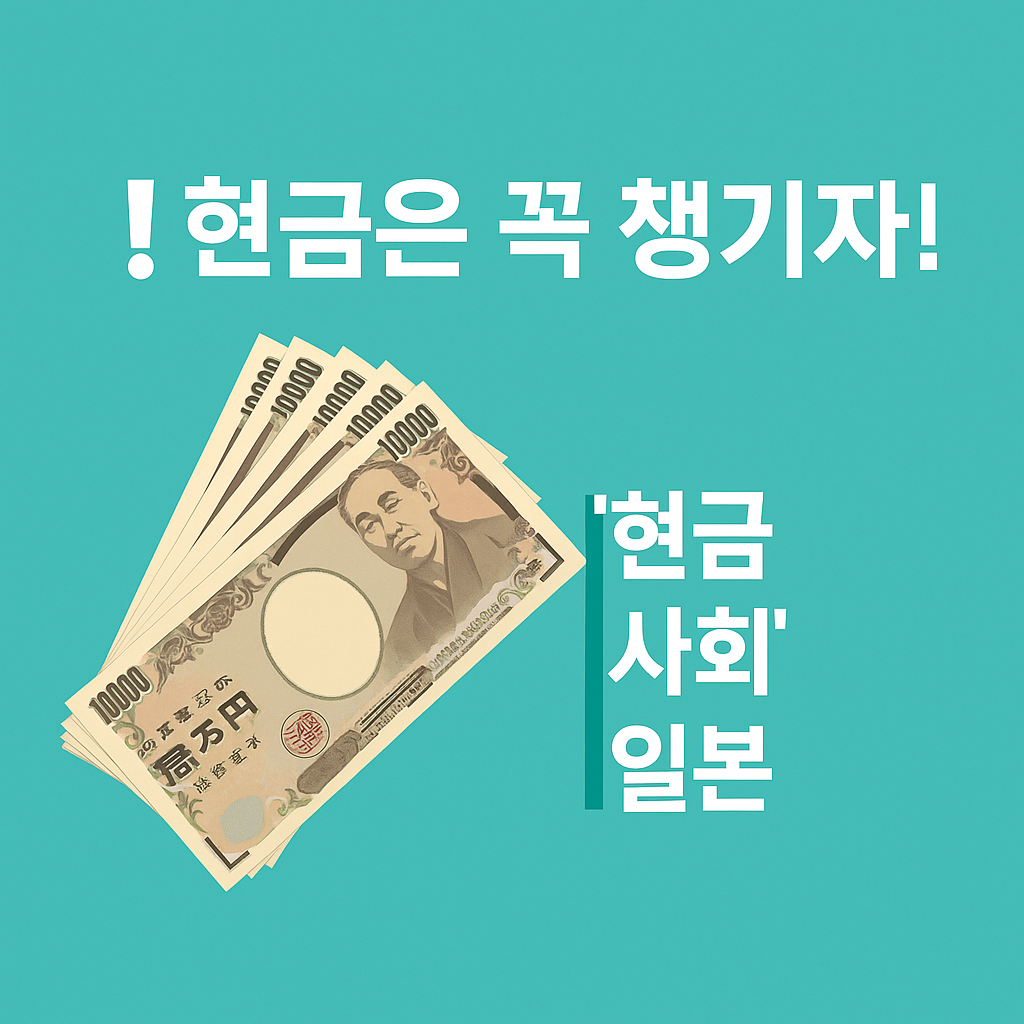 일본은 여전히 현금 사회라는 메시지를 담은 이미지, 일본 엔화 지폐 묶음과 '현금은 꼭 챙기자' 문구 포함