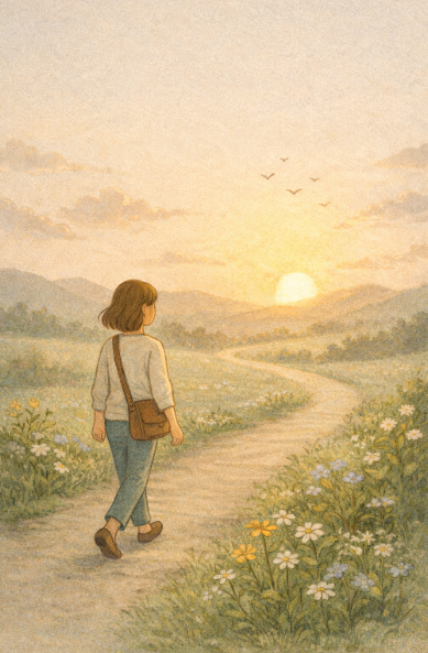 노을진 하늘 방향으로 걸으며 꾸준히 나아가고 있는 모습 사진