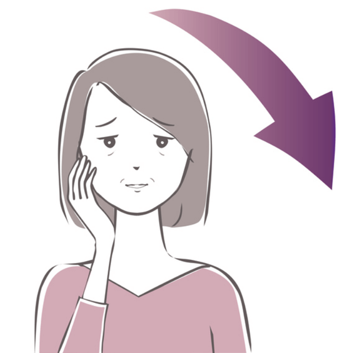 갱년기-증상이-감소하는-화살표와-손으로-얼굴을-확인하는중년-여성