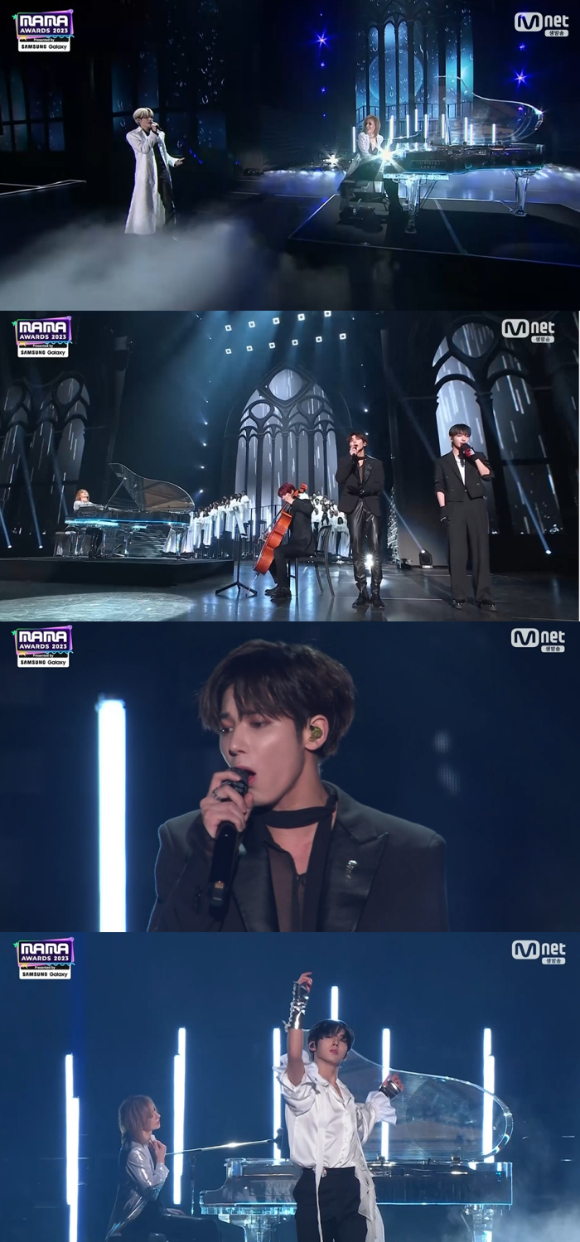 엑스재팬 요시키와 K팝 아이돌들이 28일 일본 도쿄 도쿄돔에서 열린 &#39;2023 MAMA AWARDS&#39;(2023 마마 어워즈)에 출연해 무대를 꾸몄다. [사진=Mnet 방송화면 캡처 ]