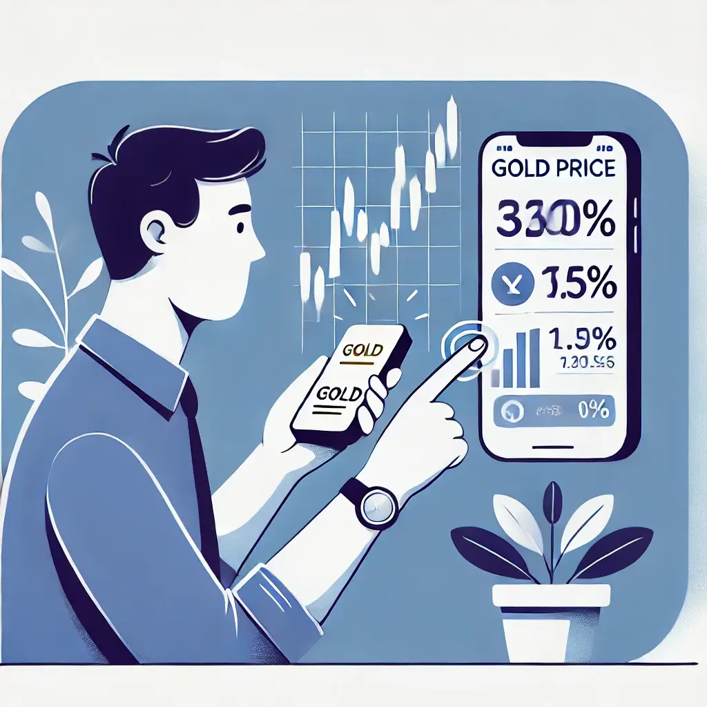 스마트폰으로 금 가격 변동을 확인하는 투자자