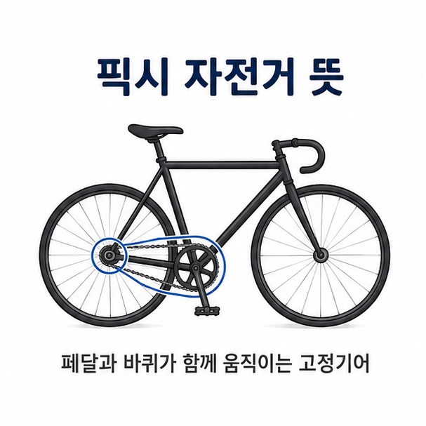 뒷바퀴와 페달이 고정적으로 연결되어 함께 움직이는 픽시 자전거의 구조와 뜻을 표현한 이미지