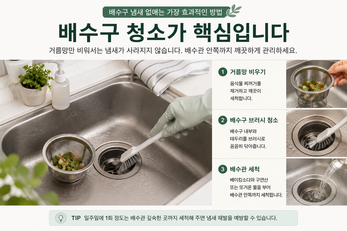 배수구 냄새 없애는 가장 효과적인 방법을 설명하는 인포그래픽으로, 거름망 청소, 배수구 브러시 세척, 배수관 관리 과정을 단계별로 보여주는 이미지