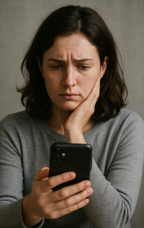 스마트폰을 보고 근심하는 여성