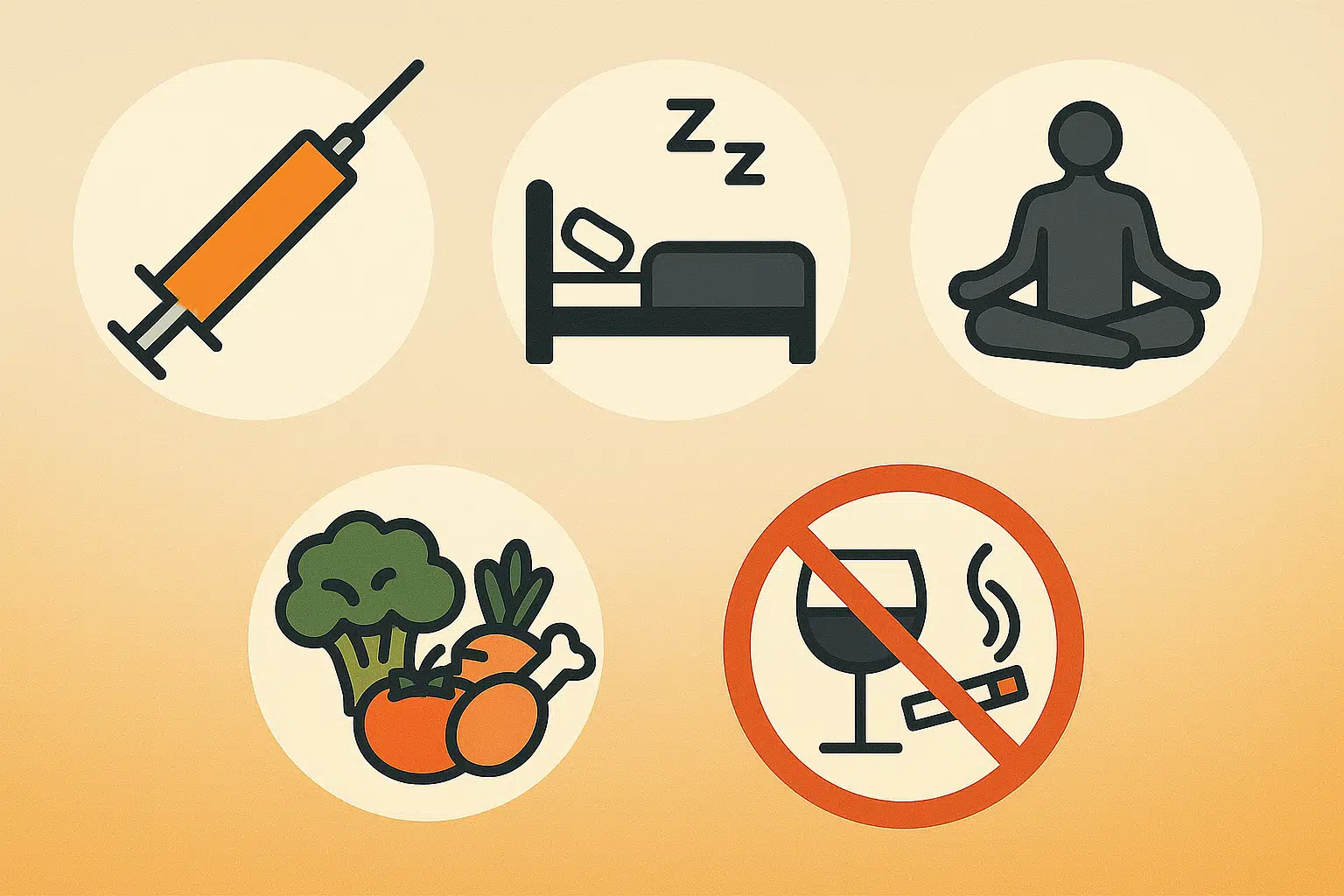 백신 주사기, 규칙적 수면, 스트레스 관리, 균형 잡힌 식사, 금주와 금연