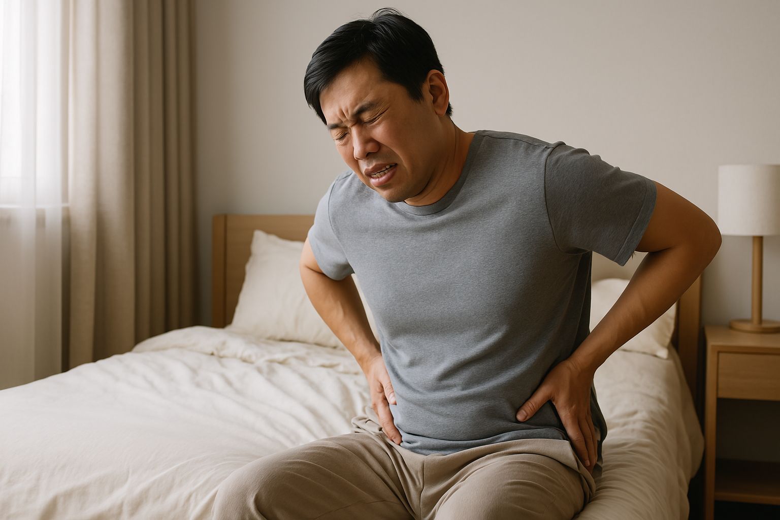 골반 통증으로 허리를 잡고 있는 사람의 모습, 앉아서 불편함을 호소하는 표정이 보인다