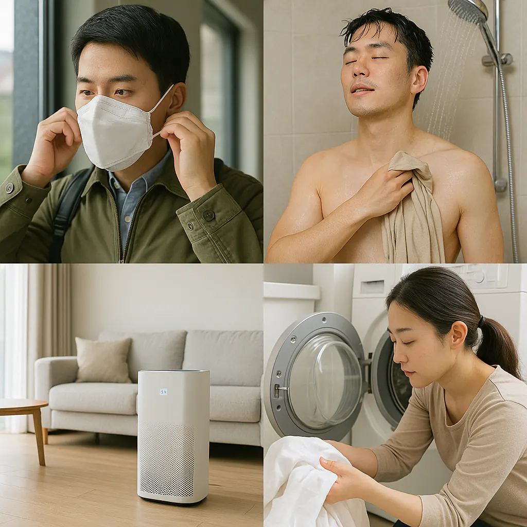 KF94 마스크를 쓰고 외출 준비하는 사람, 외출 후 옷을 벗고 샤워하는 장면, 공기청정기 작동 중인 거실, 침구 세탁하는 모습