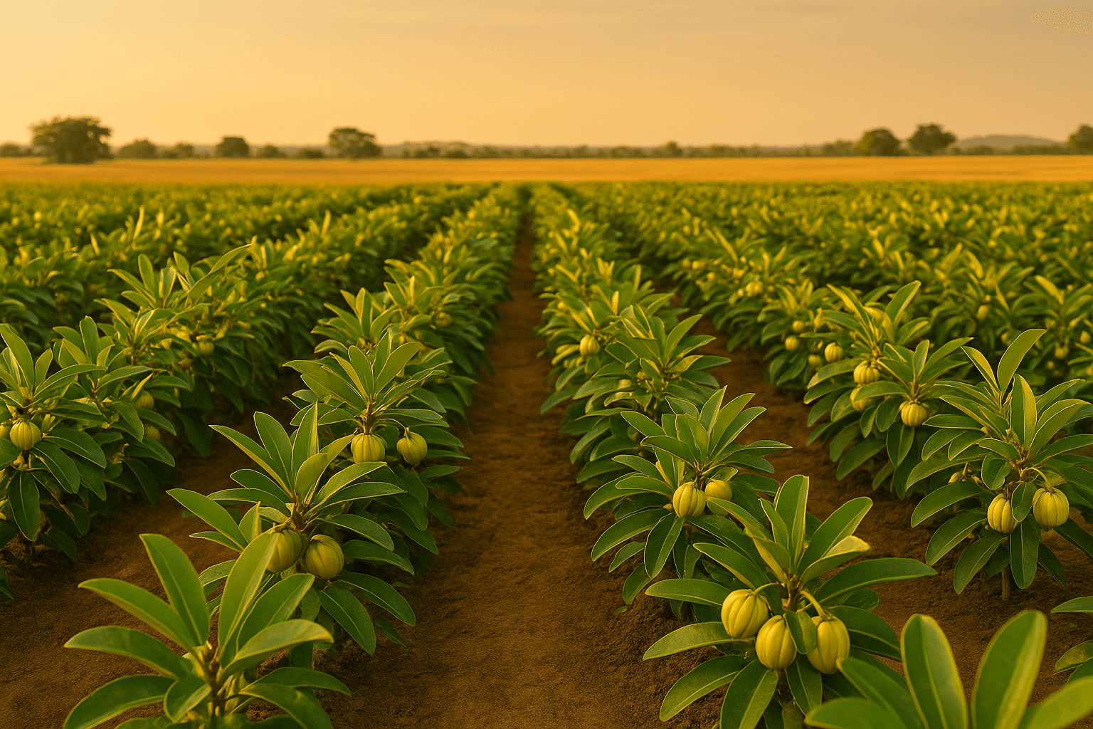 석양빛이 비치는 농장에서 줄지어 자라는 유산균 원료 식물 재배지 풍경