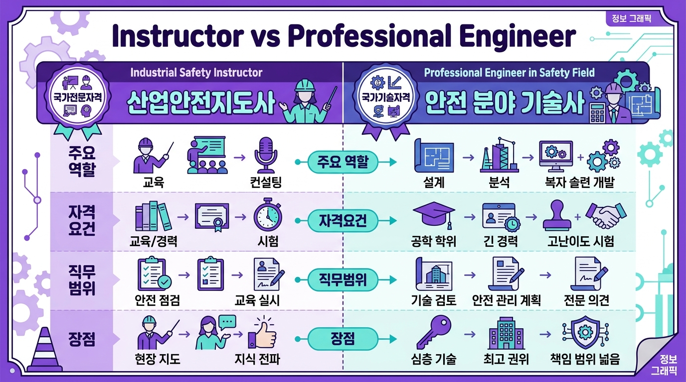 산업안전지도사와 안전분야 기술사의 자격 체계 차이를 비교한 인포그래픽