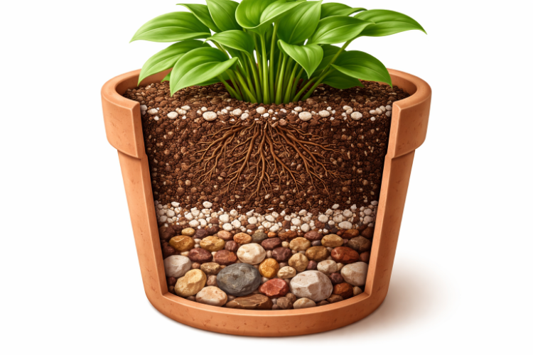 화분 내부의 배수층과 흙 구조를 보여주는 단면 이미지