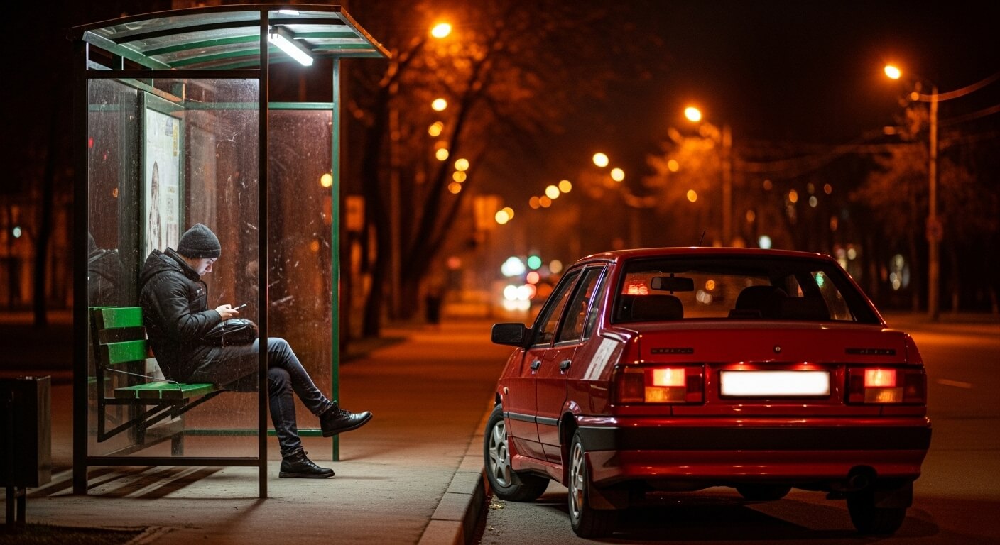 버스정류장 앞에 불법 주정차된 차량과 대기 중인 시민