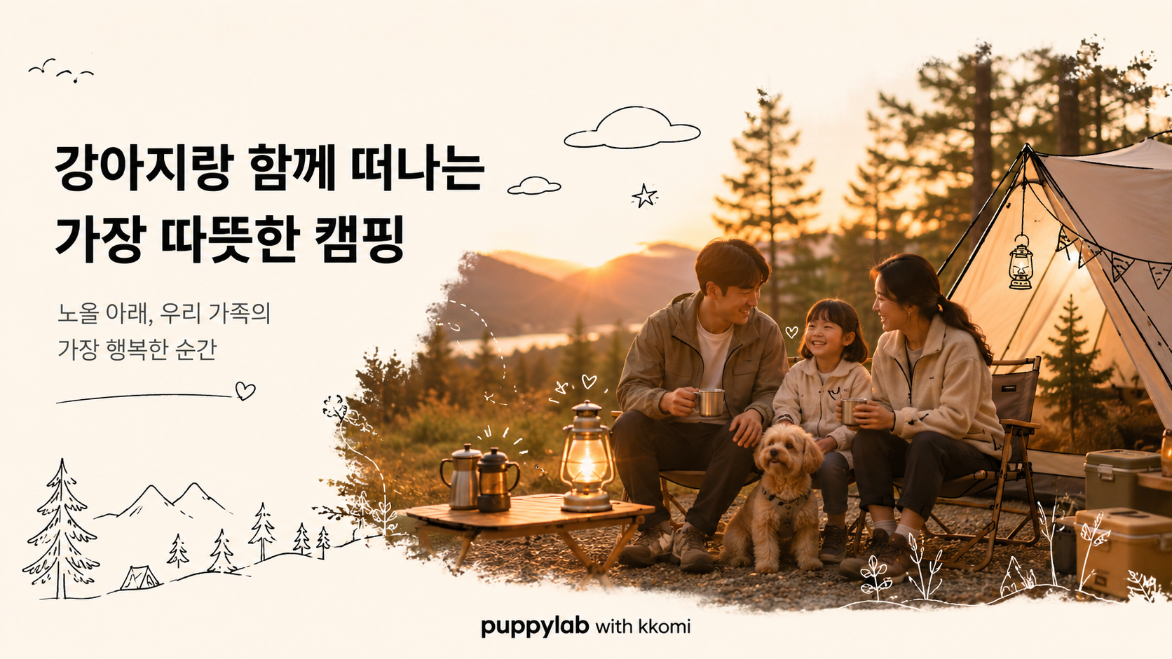 보호자와 소형견이 텐트 앞에서 함께 캠핑을 즐기는 평화로운 장면, 강아지가 목줄을 하고 보호자 곁에 앉아 있다