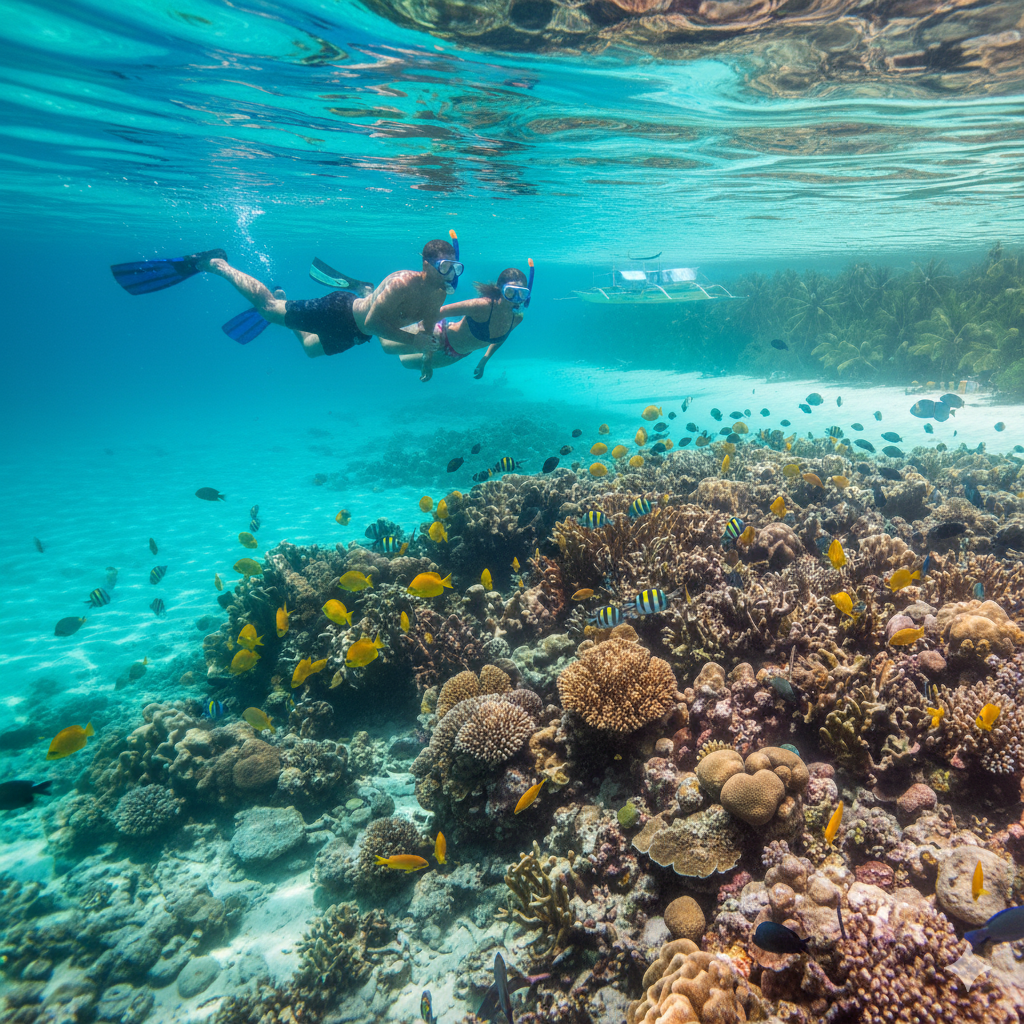 깨끗한 바다 바닷속이 훤희보이는 보라카이 스노쿨링