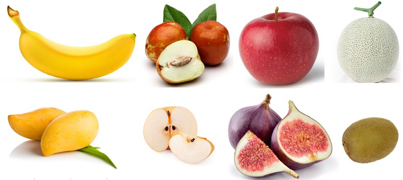 과일 효능 및 칼로리 비교 - 바나나, 대추, 사과, 멜론, 망고, 배, 무화과, 키위