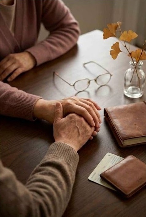 탁자 위 따뜻하게 마주 잡은 부부의 손과 그 옆의 실업급여 통장