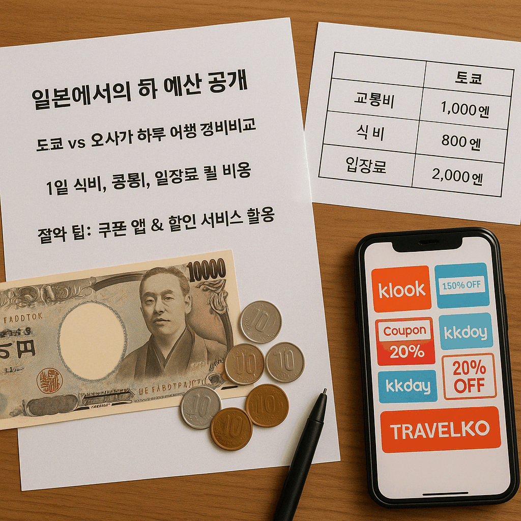 일본 여행 하루 예산을 주제로, 도쿄와 오사카의 경비 비교표, 엔화 지폐와 동전, 할인 앱이 표시된 스마트폰이 함께 놓인 이미지